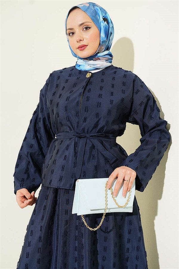 2 Piece Set with mini skirt and tassel detail, navy blue.