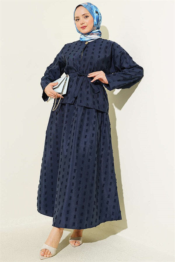 2 Piece Set with mini skirt and tassel detail, navy blue.