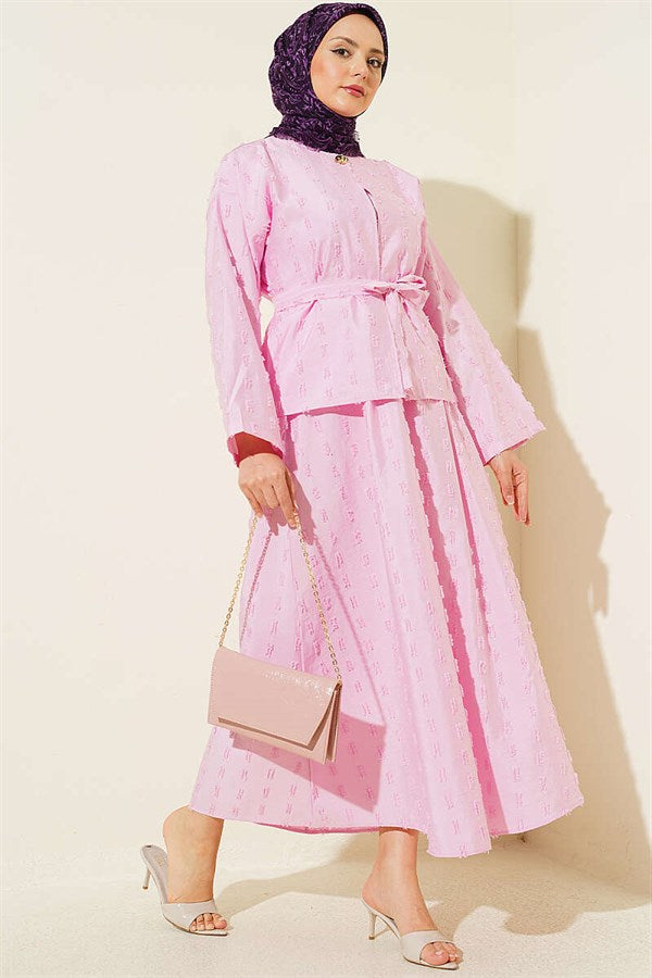 2 Piece Set with mini skirt and tassel detail, pink.