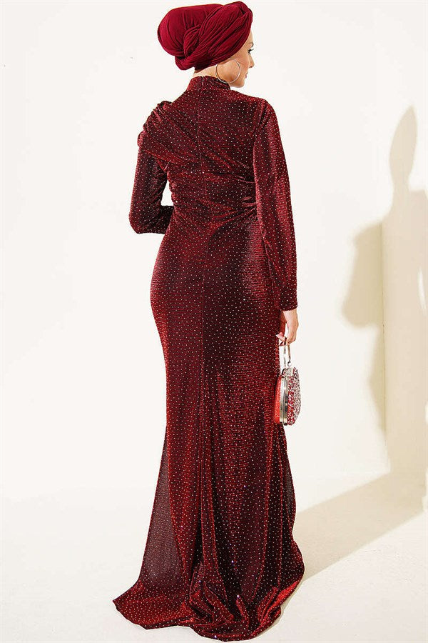 Mini Evening Dress with Stone Details, Burgundy