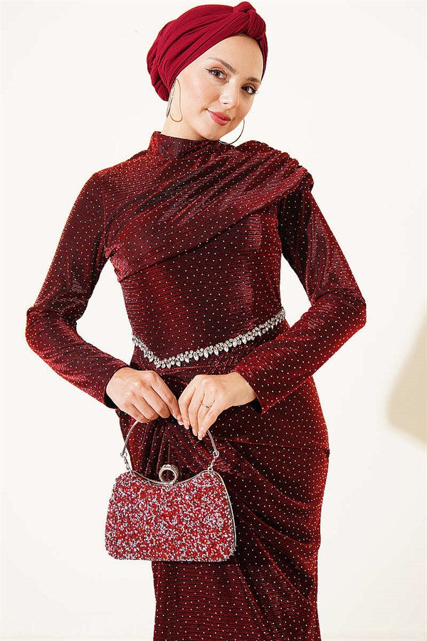Mini Evening Dress with Stone Details, Burgundy