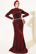 Mini Evening Dress with Stone Details, Burgundy