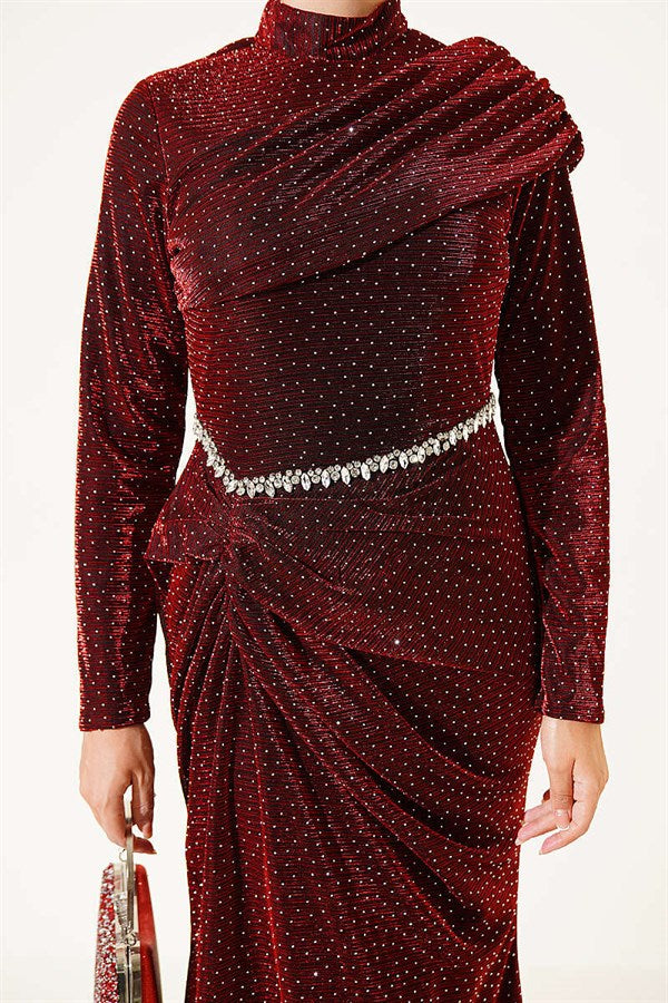Mini Evening Dress with Stone Details, Burgundy