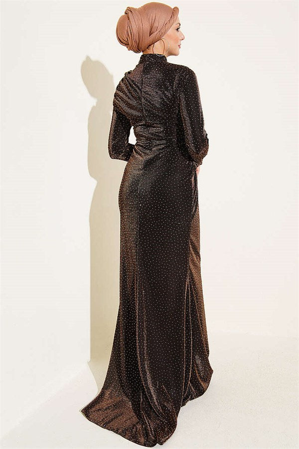 Mini Evening Dress with Stone Details, Brown