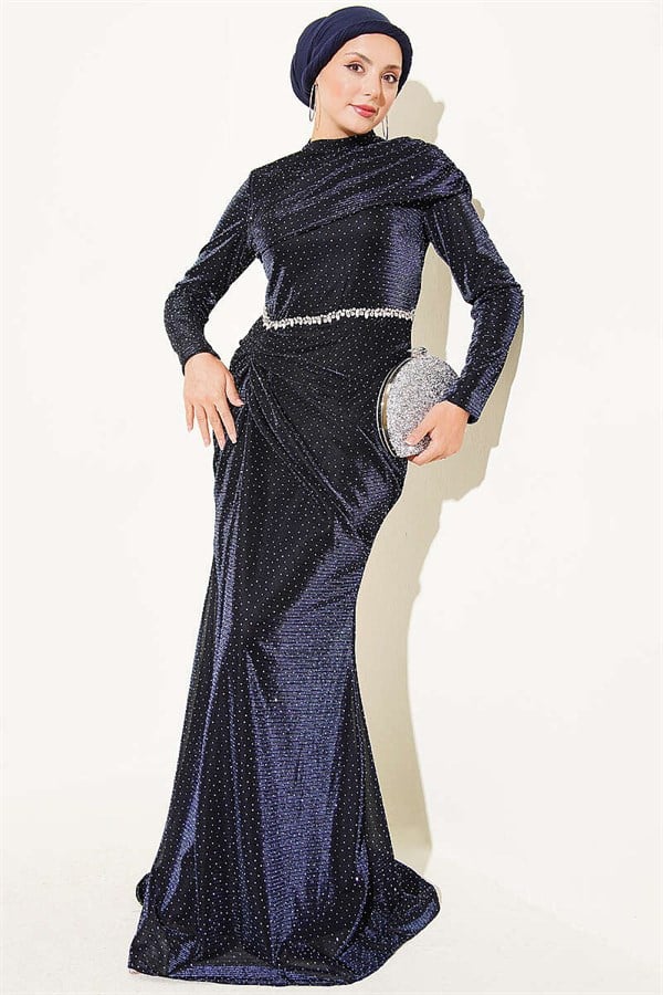 Mini Evening Dress with Stone Details, Navy Blue