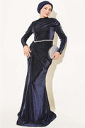 Mini Evening Dress with Stone Details, Navy Blue