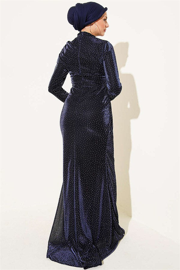 Mini Evening Dress with Stone Details, Navy Blue