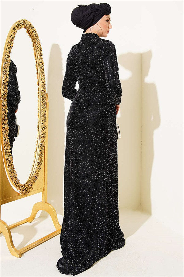 Mini Evening Dress with Stone Details, Black