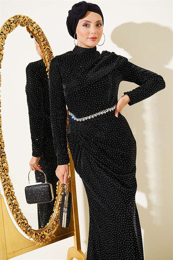 Mini Evening Dress with Stone Details, Black
