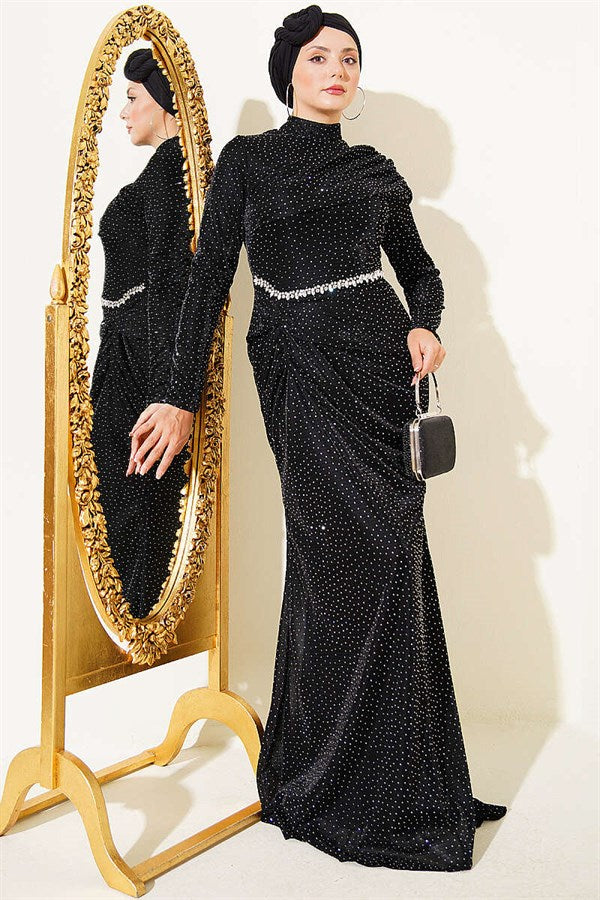 Mini Evening Dress with Stone Details, Black