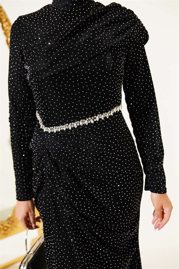 Mini Evening Dress with Stone Details, Black
