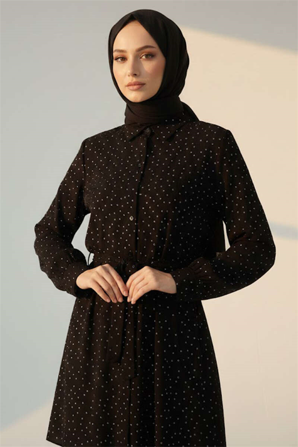 Mini Stone Detail Belted Shirt Black