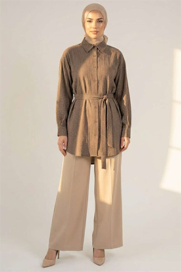Mini Belted Shirt with Stone Details, Mink