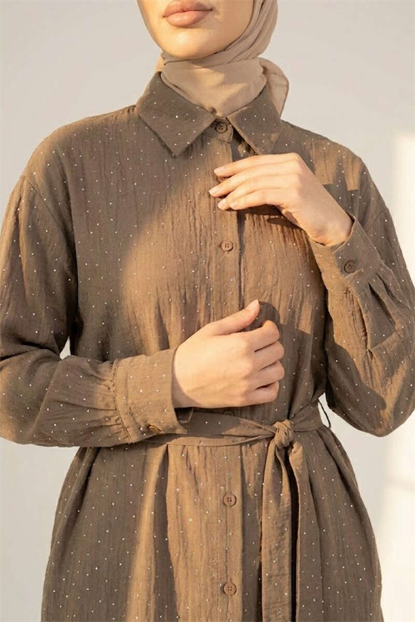 Mini Belted Shirt with Stone Details, Mink