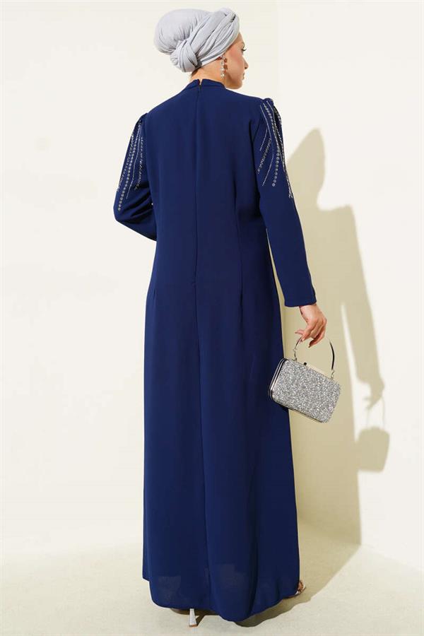 Mini Stone Embellished Evening Dress Navy Blue