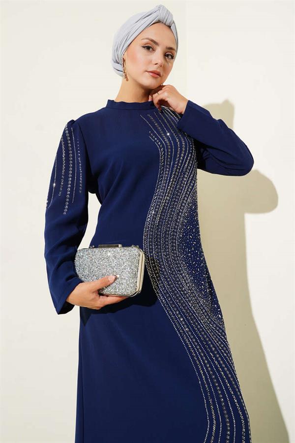Mini Stone Embellished Evening Dress Navy Blue