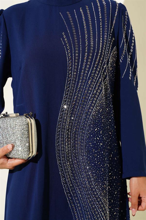 Mini Stone Embellished Evening Dress Navy Blue