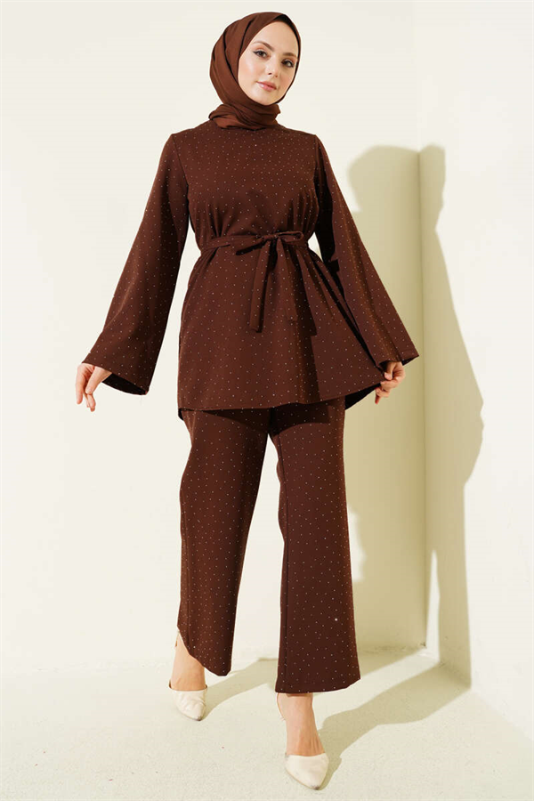 Mini Stone Embellished 2 Piece Set in Coffee with Belt