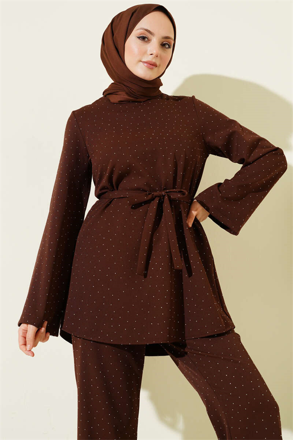 Mini Stone Embellished 2 Piece Set in Coffee with Belt