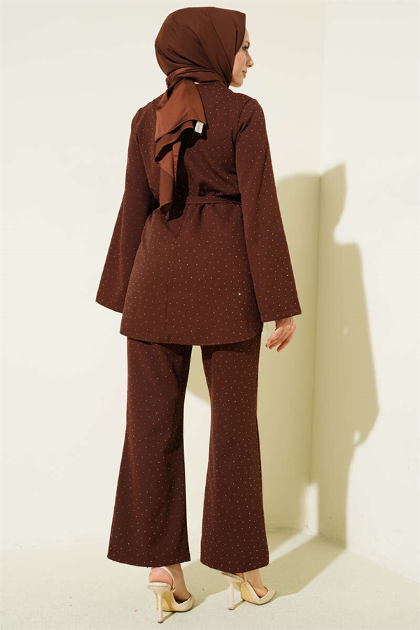Mini Stone Embellished 2 Piece Set in Coffee with Belt
