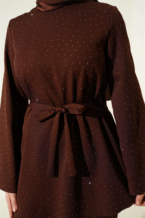 Mini Stone Embellished 2 Piece Set in Coffee with Belt