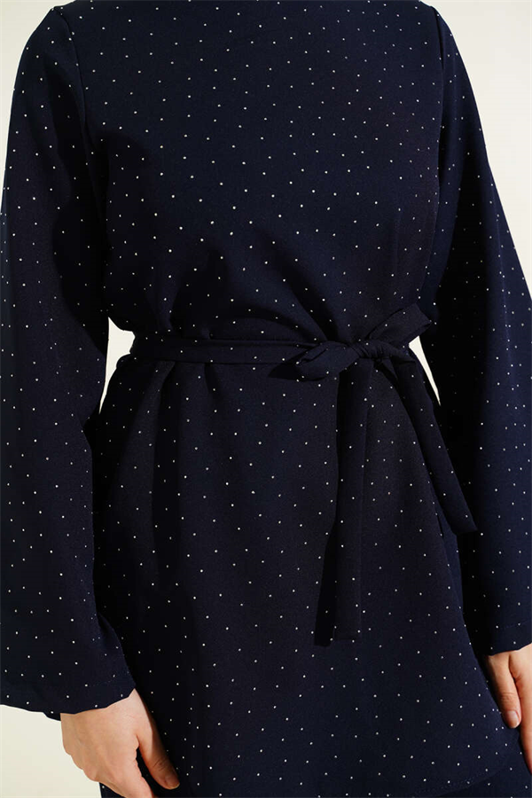 Mini Stone Embellished 2 Piece Set with Belt, Navy Blue