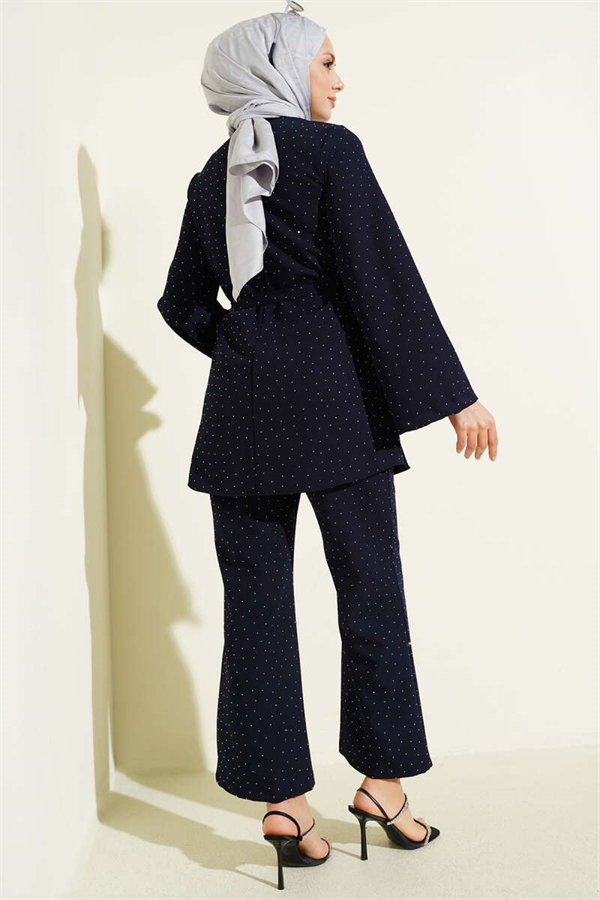 Mini Stone Embellished 2 Piece Set with Belt, Navy Blue