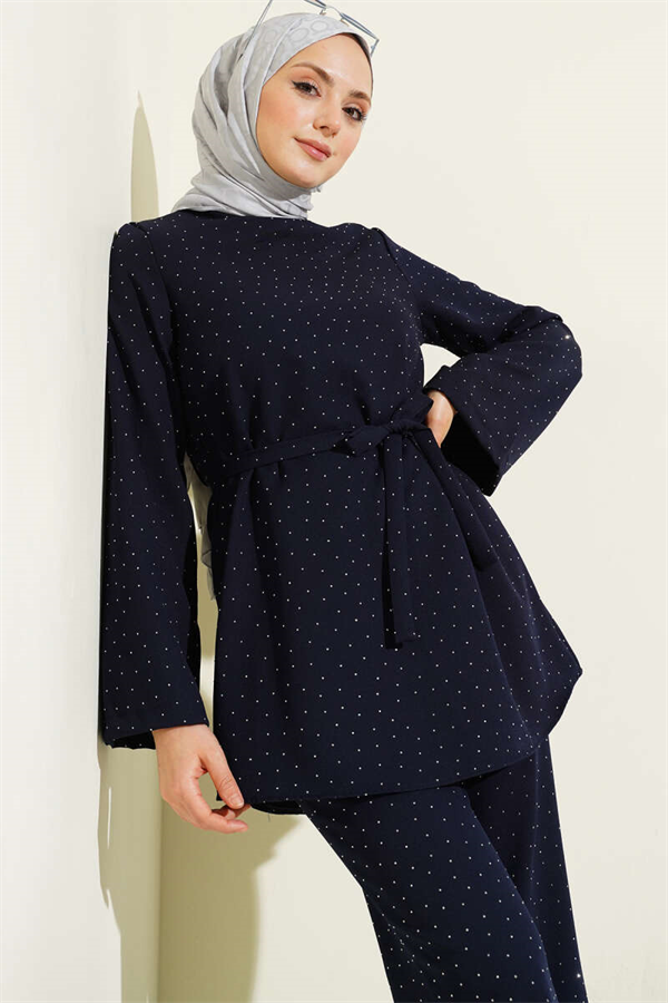 Mini Stone Embellished 2 Piece Set with Belt, Navy Blue