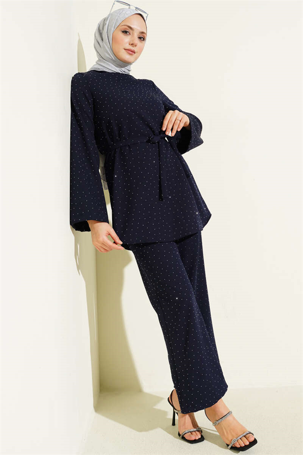 Mini Stone Embellished 2 Piece Set with Belt, Navy Blue