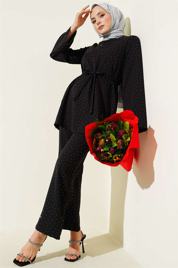 Mini Stone Embellished 2 Piece Set with Belt, Black