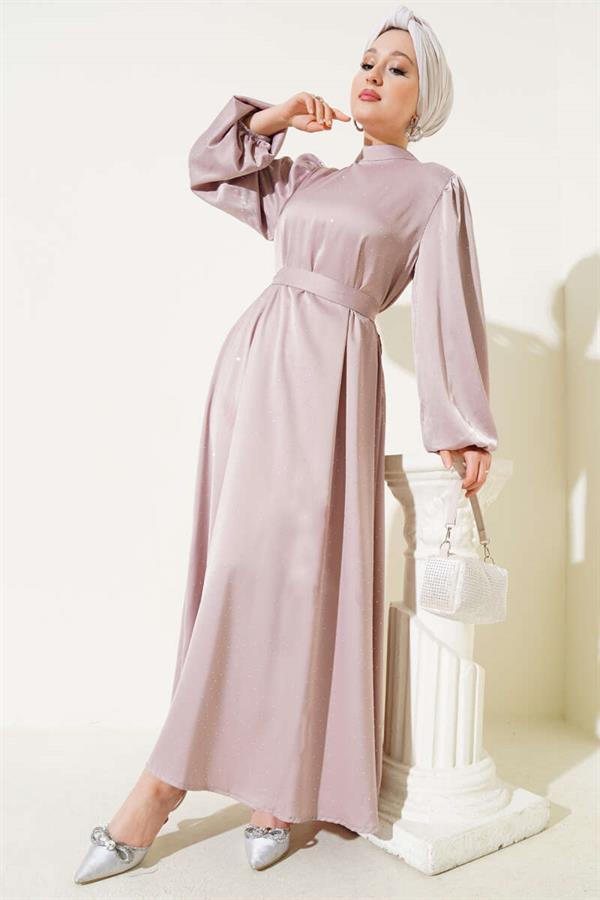 Mini Stone Balloon Sleeve Satin Dress Beige