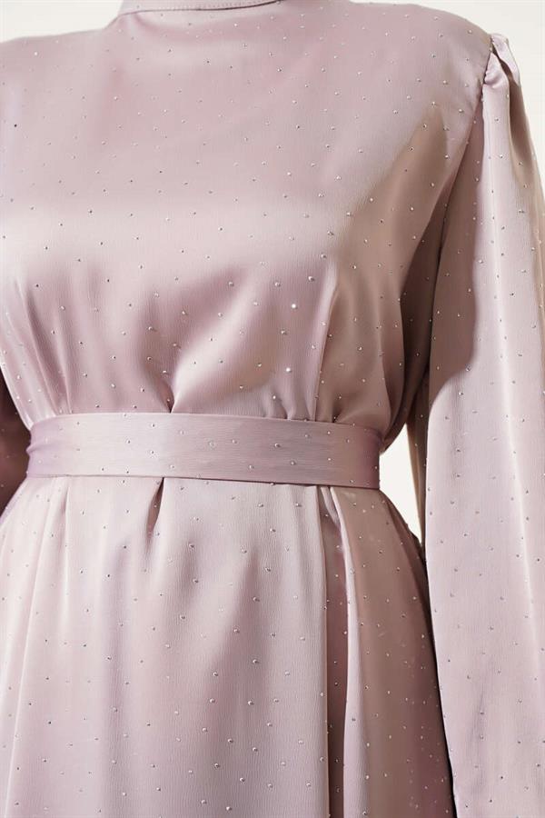 Mini Stone Balloon Sleeve Satin Dress Beige