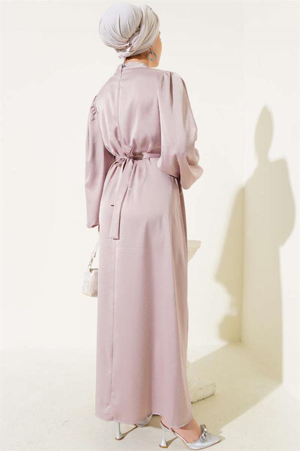 Mini Stone Balloon Sleeve Satin Dress Beige