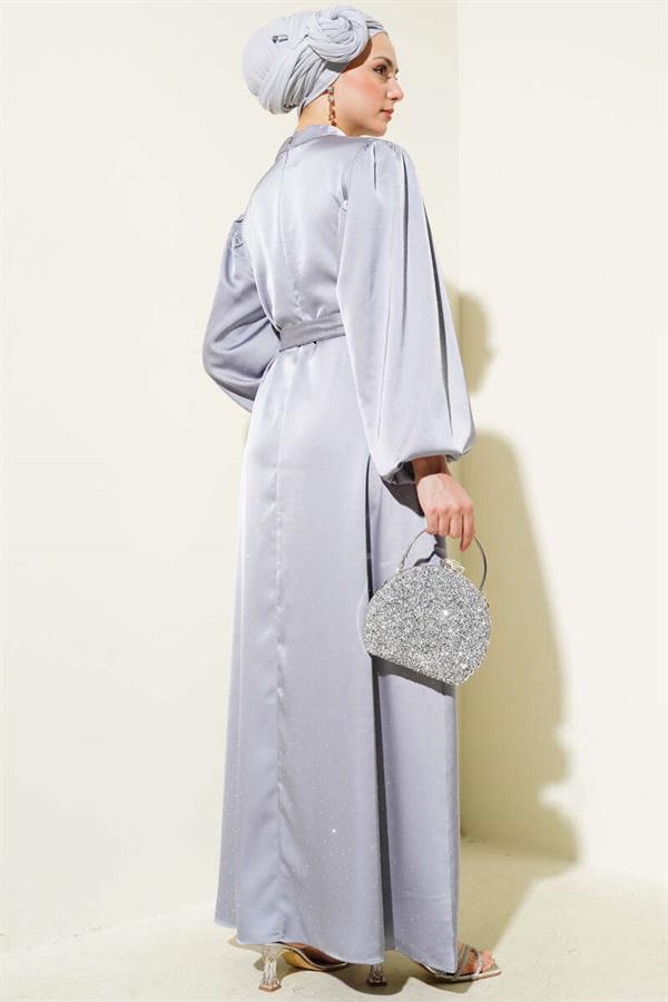 Mini Stone Balloon Sleeve Satin Dress Gray