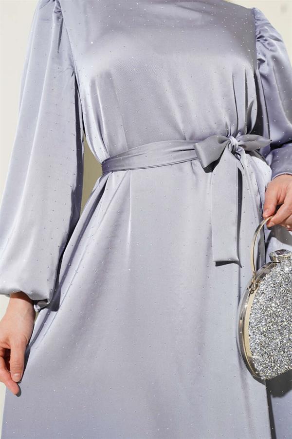 Mini Stone Balloon Sleeve Satin Dress Gray