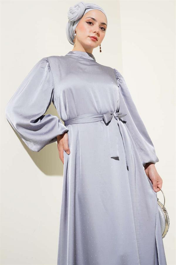 Mini Stone Balloon Sleeve Satin Dress Gray