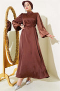 Mini Stone Balloon Sleeve Satin Dress Brown