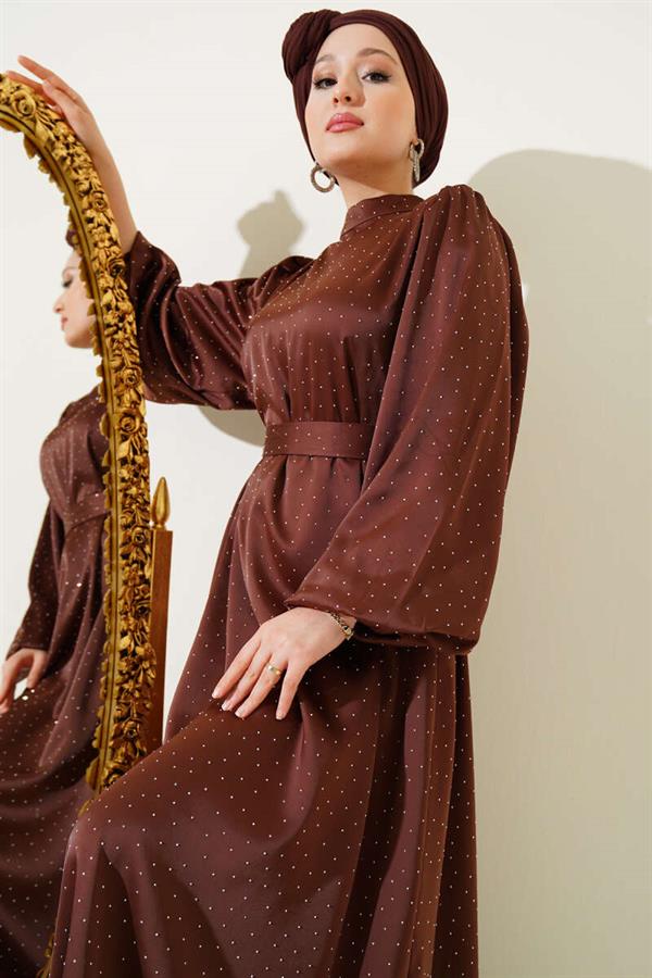 Mini Stone Balloon Sleeve Satin Dress Brown