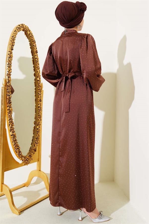 Mini Stone Balloon Sleeve Satin Dress Brown