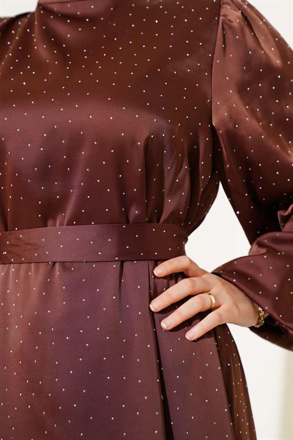 Mini Stone Balloon Sleeve Satin Dress Brown