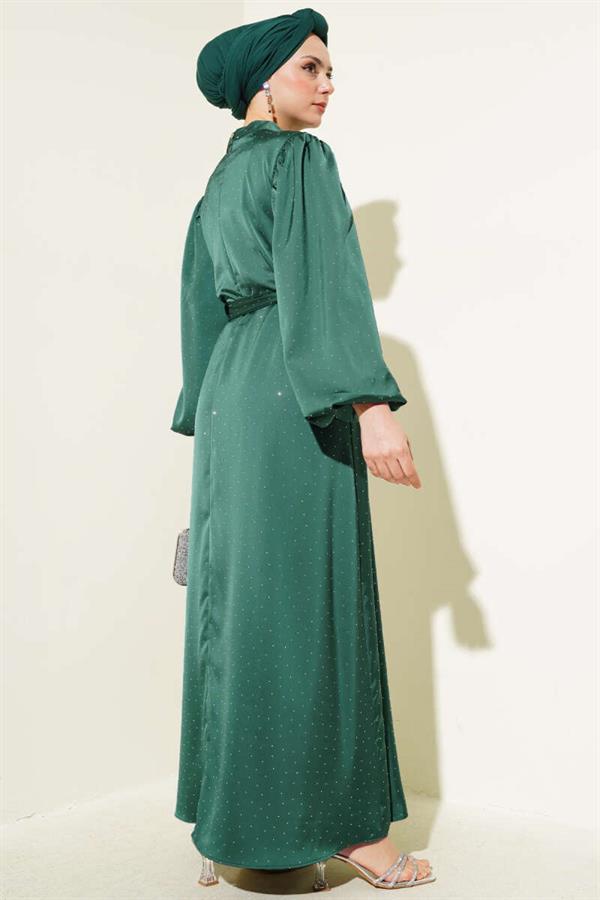Mini Stone Balloon Sleeve Satin Dress Emerald