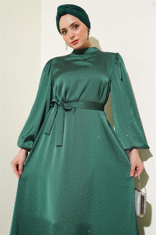 Mini Stone Balloon Sleeve Satin Dress Emerald