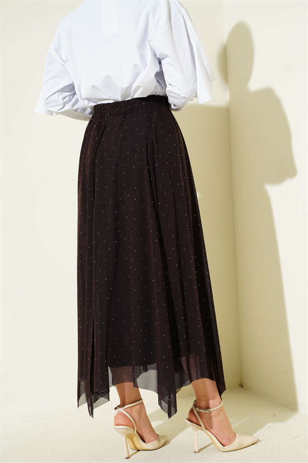 Mini Skirt with Rhinestones and Elastic Waist, Brown