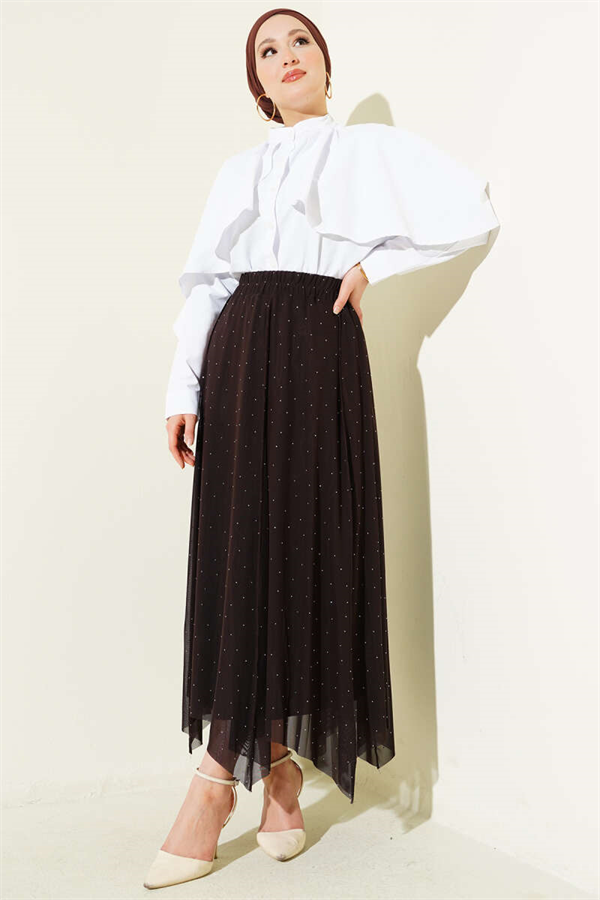 Mini Skirt with Rhinestones and Elastic Waist, Brown