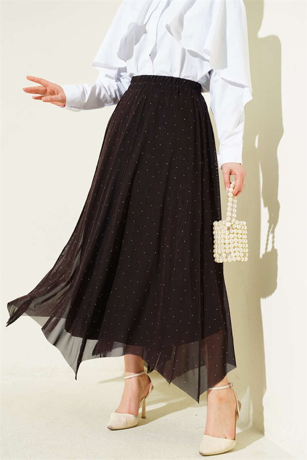 Mini Skirt with Rhinestones and Elastic Waist, Brown