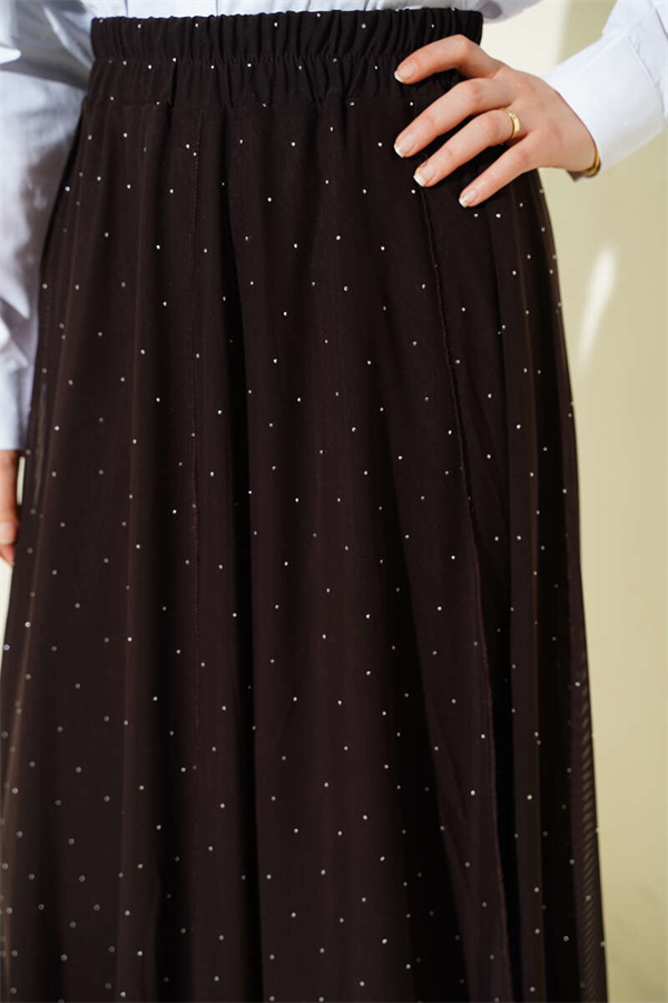 Mini Skirt with Rhinestones and Elastic Waist, Brown