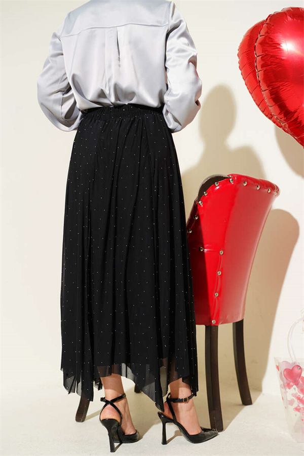 Mini Skirt with Rhinestones and Elastic Waist, Black