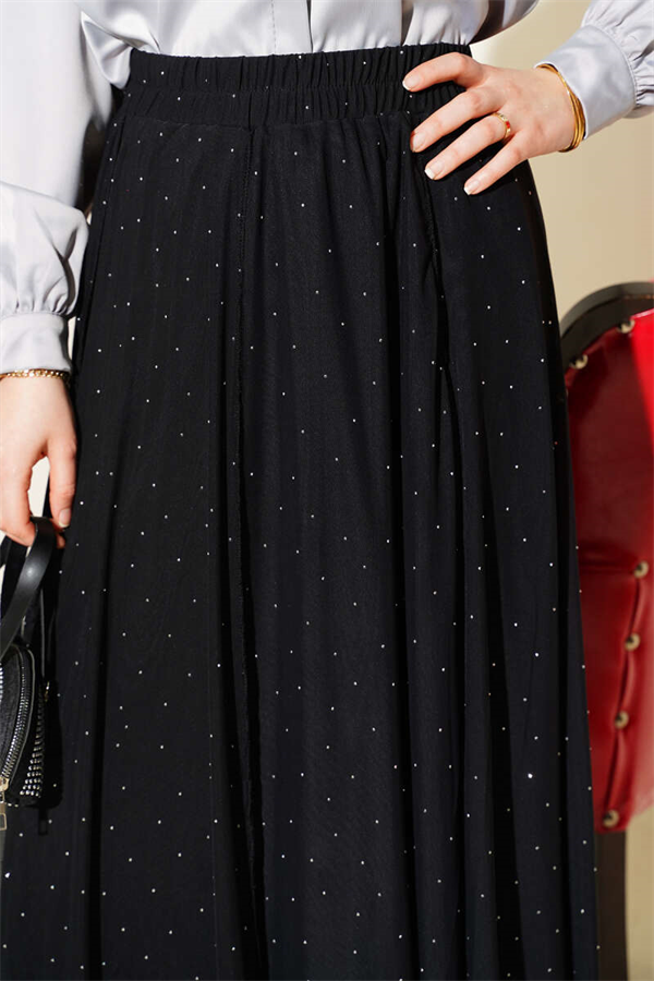 Mini Skirt with Rhinestones and Elastic Waist, Black