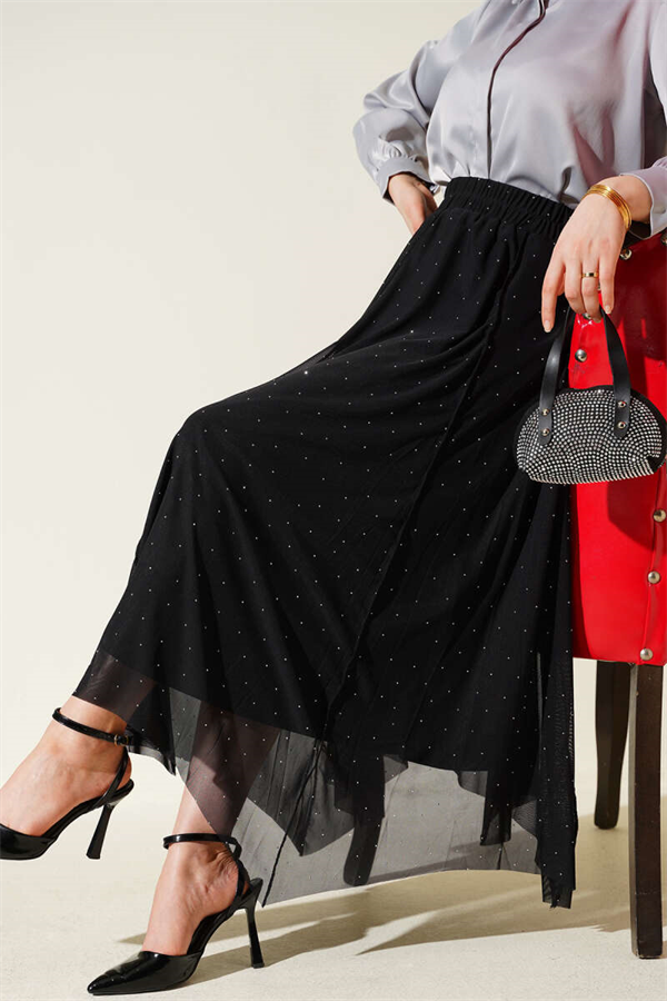Mini Skirt with Rhinestones and Elastic Waist, Black