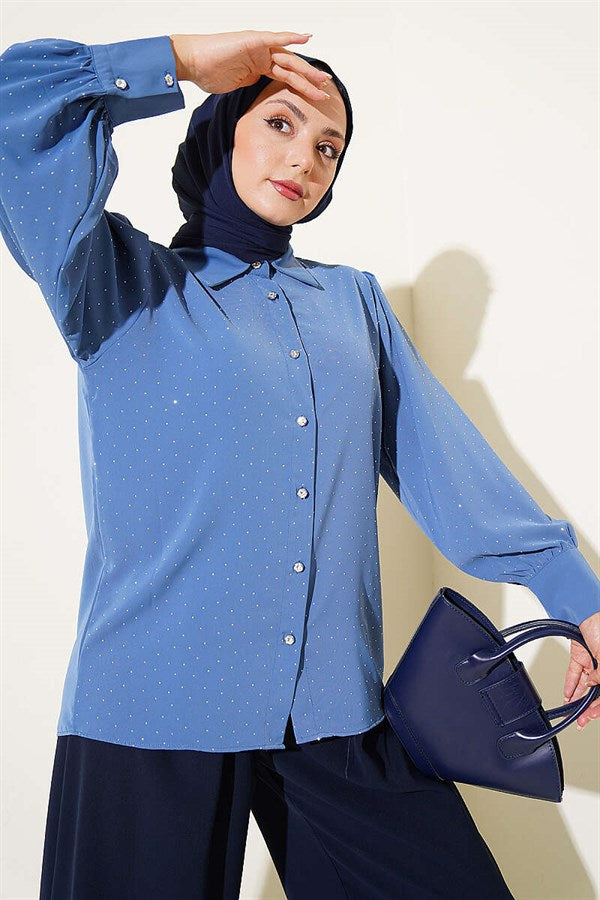 Mini Embellished Button Shirt Indigo